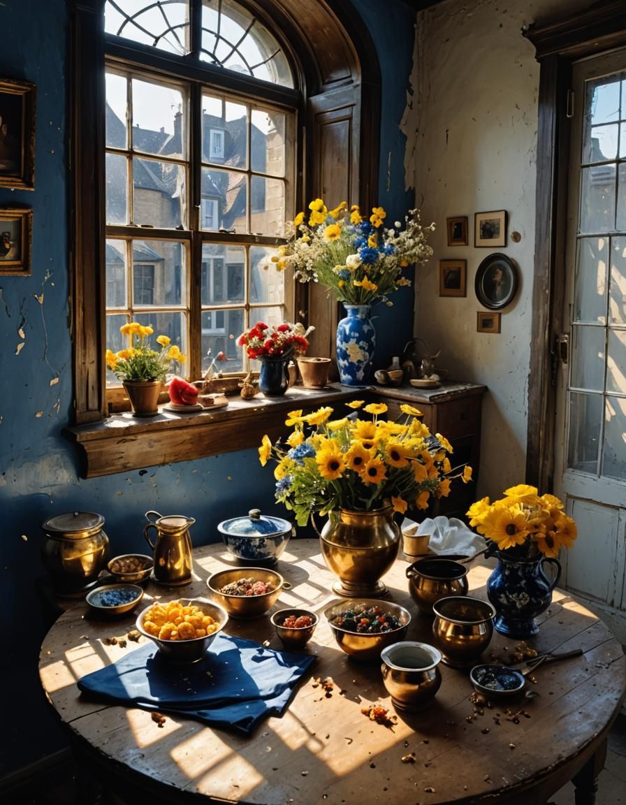 Flowers in Delft Blue and Gold: Hyperrealist Still Life