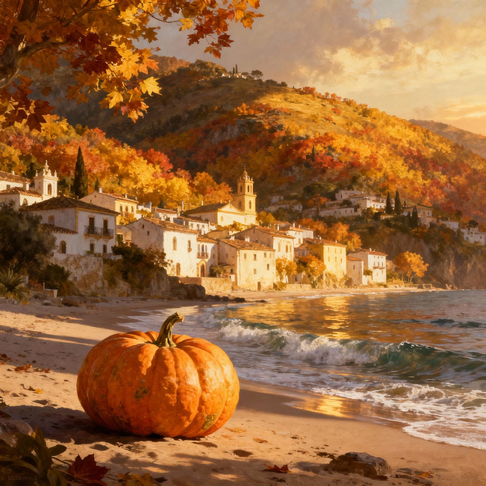Autumn Village Landscape on Spanish Beach at Golden Hour