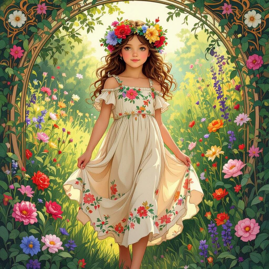 Girl in Floral Crown, Art Nouveau Style Garden