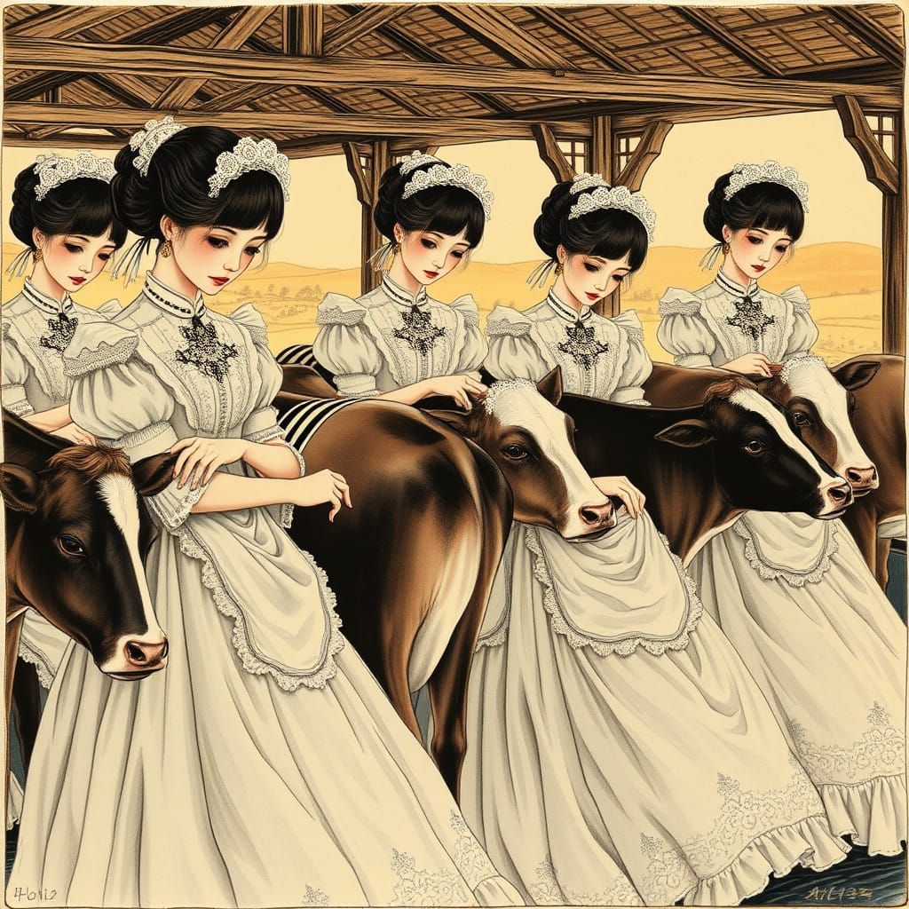 Elegant Maids in Victorian Attire, Milking Cows in a Warm Ru...