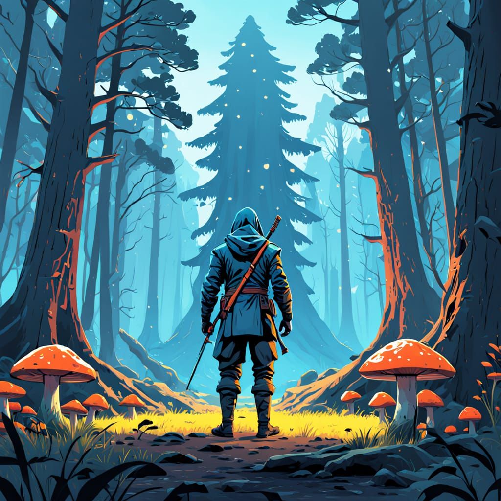 Mystical Ninja Warrior in Vibrant Forest Landscape