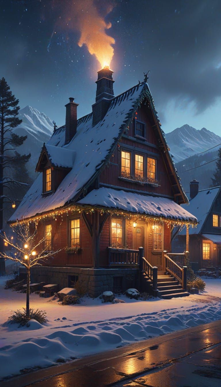 Serene Christmas Eve Village Scene in Whimsical Style