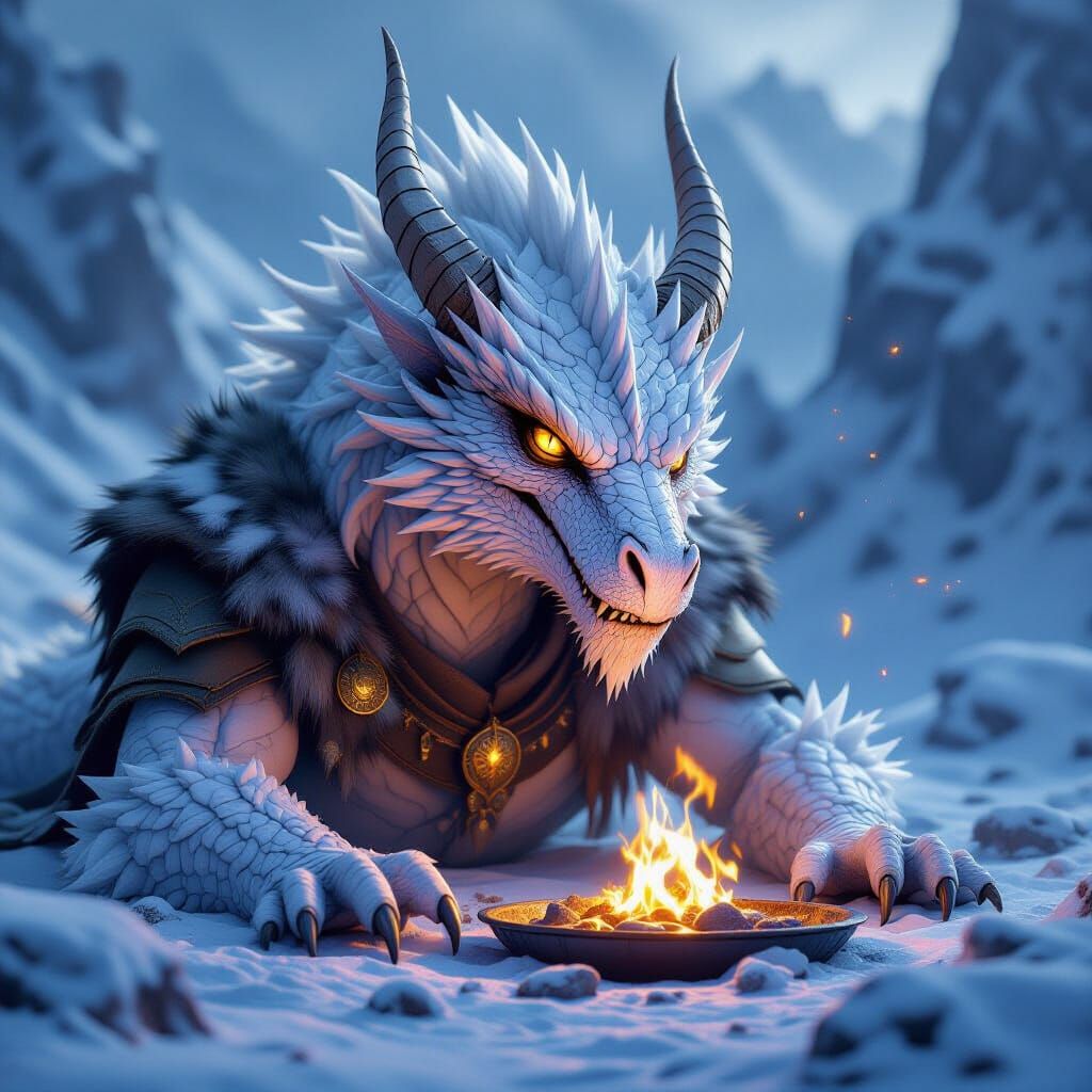 White Dragon in Frozen Mauritian Landscape, Dark Fantasy Art