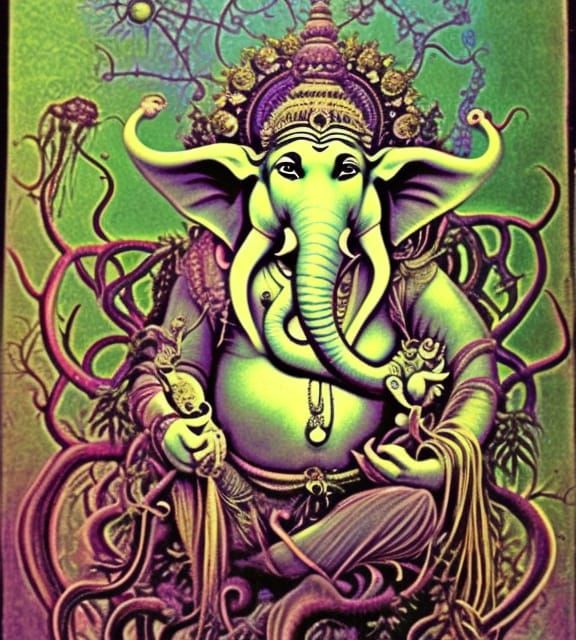 Psychedelic Ganesha with Bioluminescent Flora and Fauna