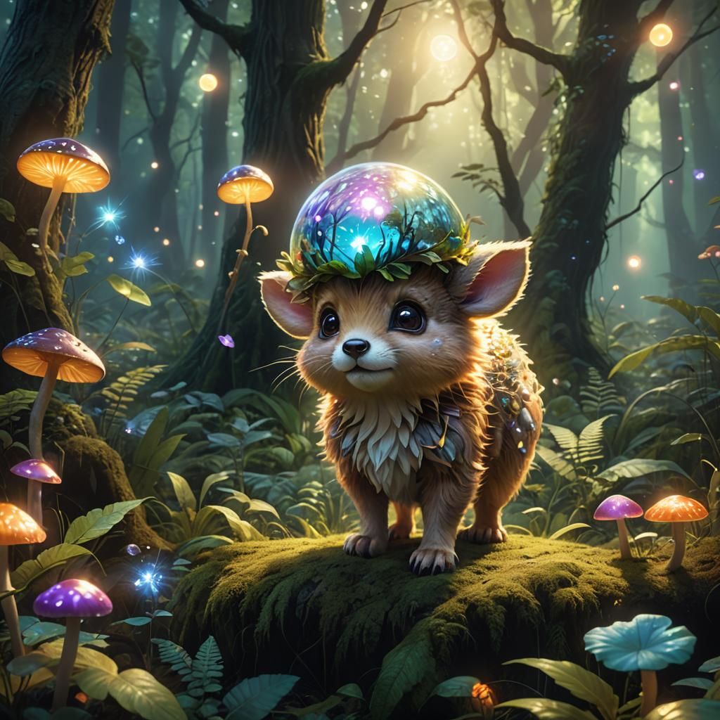 Whimsical Creature Plays with Orb in Lush Forest