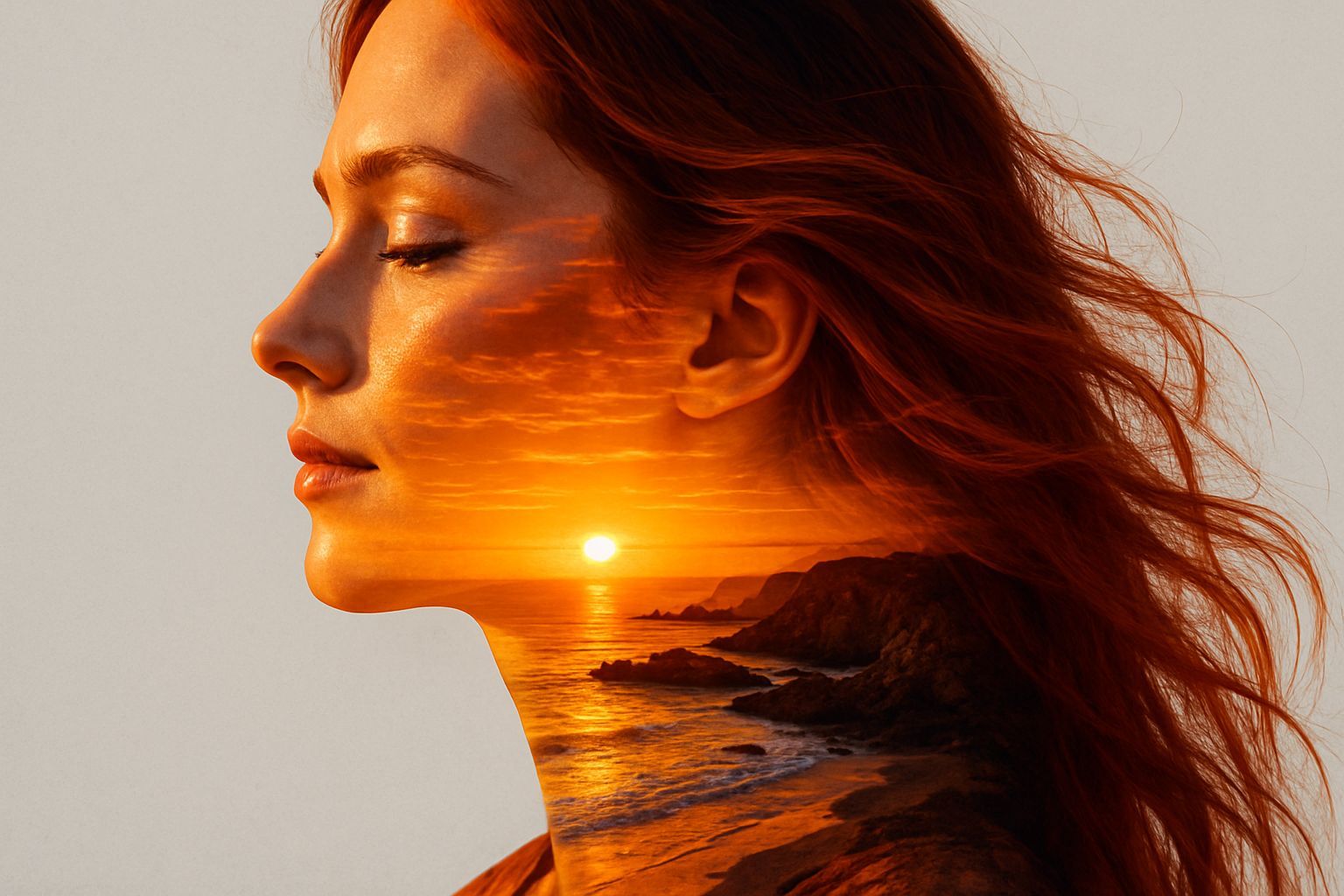Double Exposure of Woman and Sunset Coast