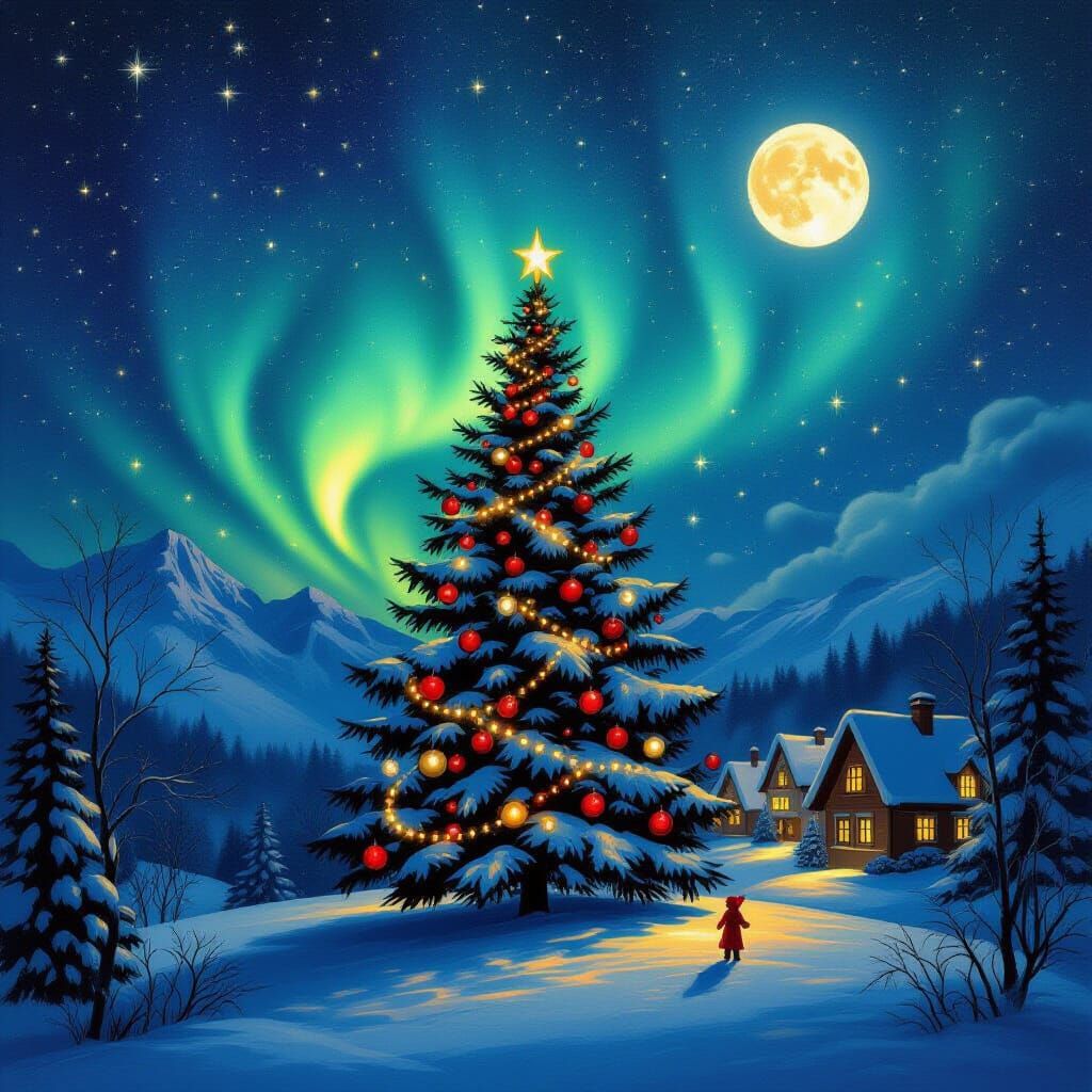 Magical Fairy Village Under Northern Lights and Decorated Tr...