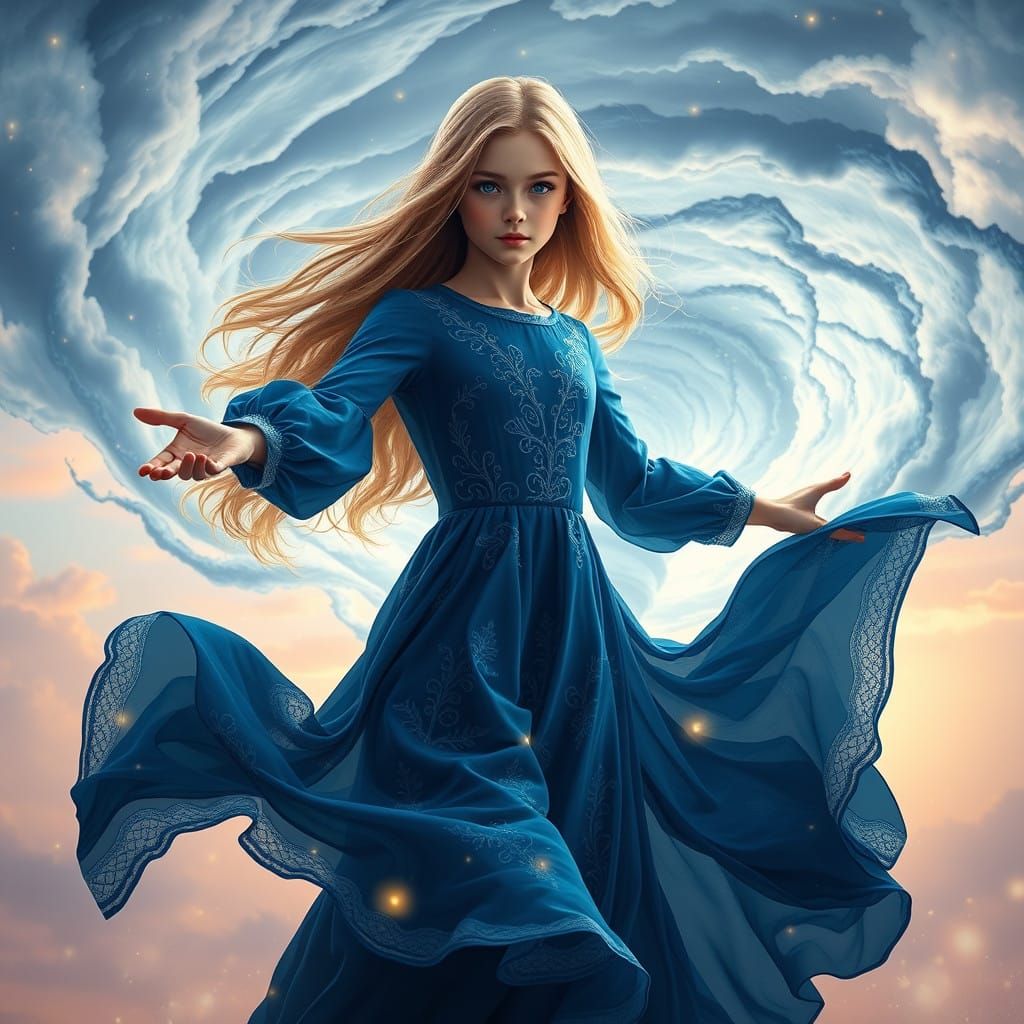 Golden Heroine Conjured Tornado in Whirlwind Fantasy Scene