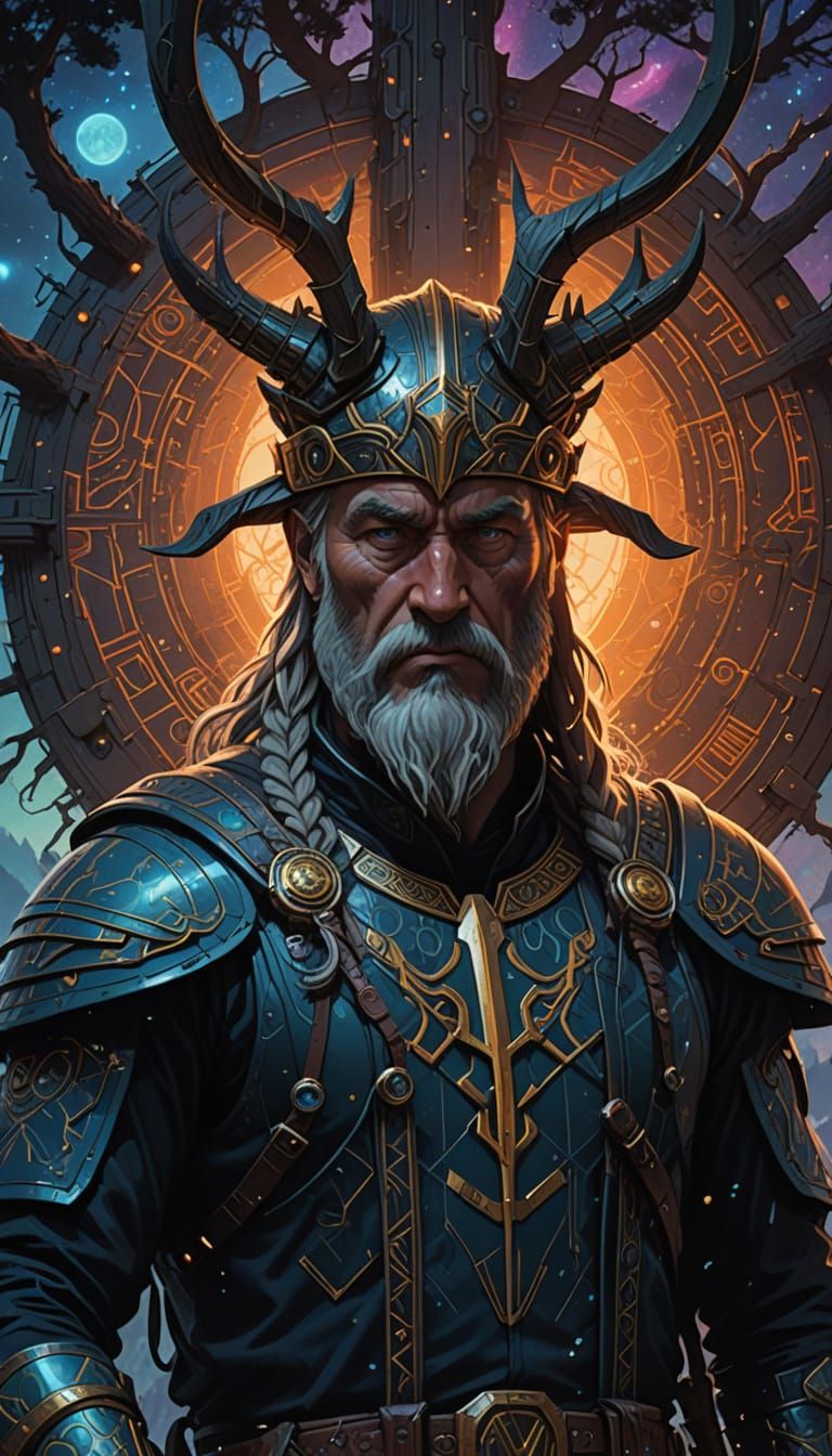 Odin Suspended in Space, Enveloped by Glowing Runes and Cele...