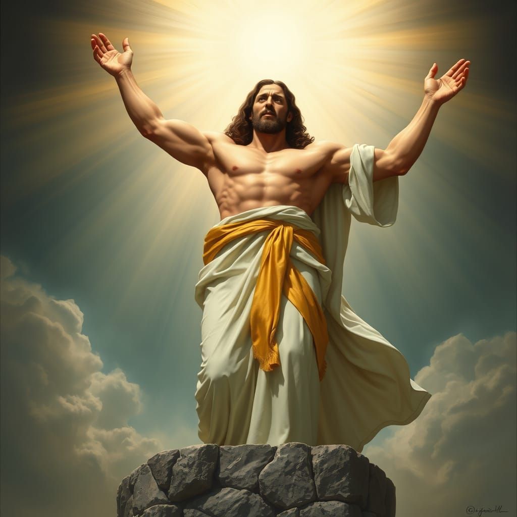 Muscular Jesus Rises from Stone Pedestal in Divine Light