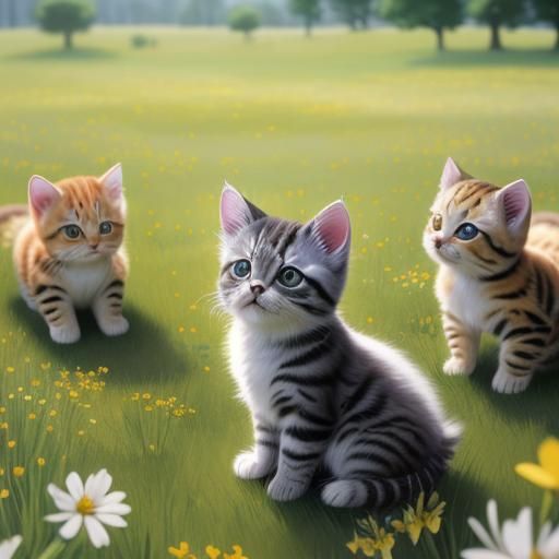 Kittens Playing in Sunny Meadow: Photorealistic 8K