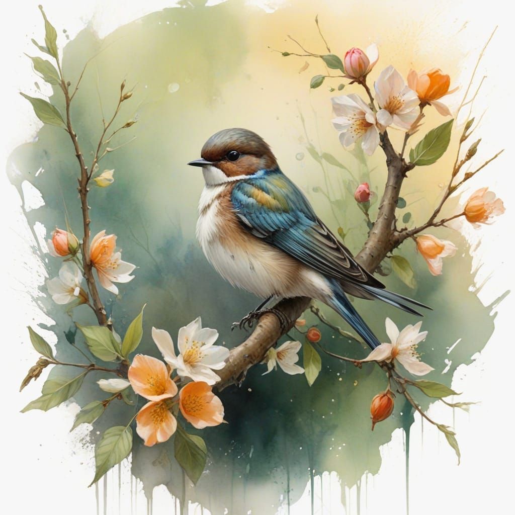 Swallow and Apple Blossoms in Spring, Watercolor Style