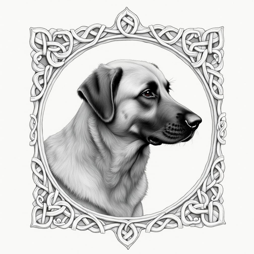 Anatolian Shepherd in Celtic-Inspired Pencil Drawing