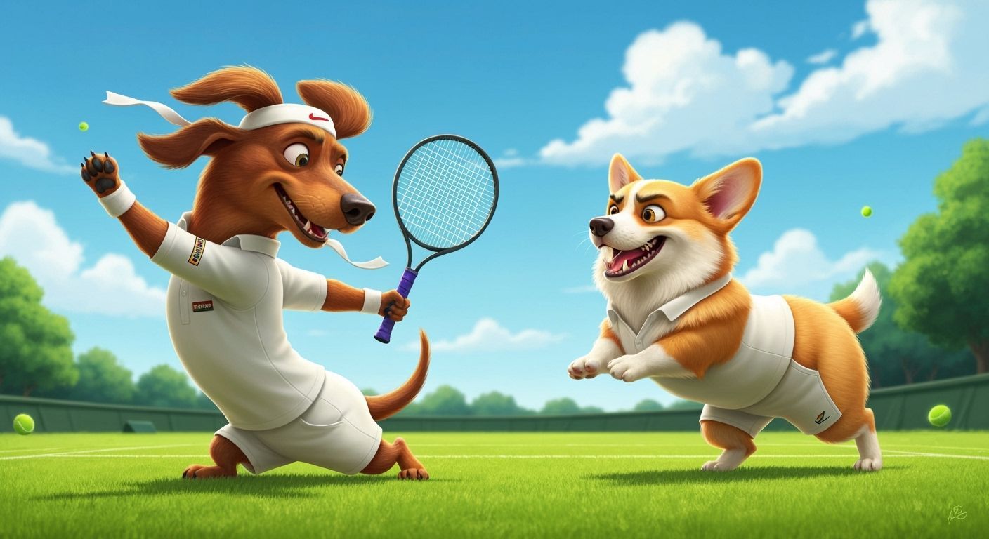 Dachshund vs Corgi Tennis Showdown in Animated Realism