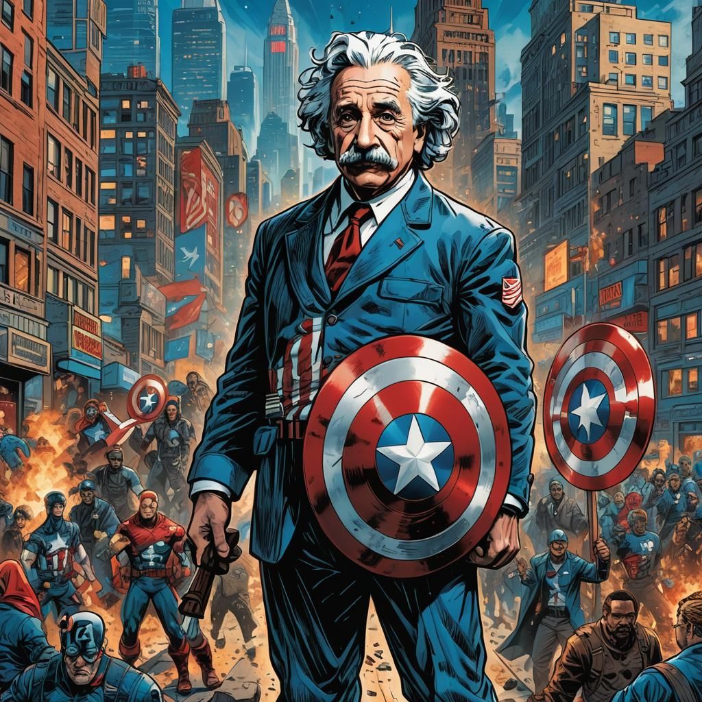 Einstein as Captain America in Comic Book Style