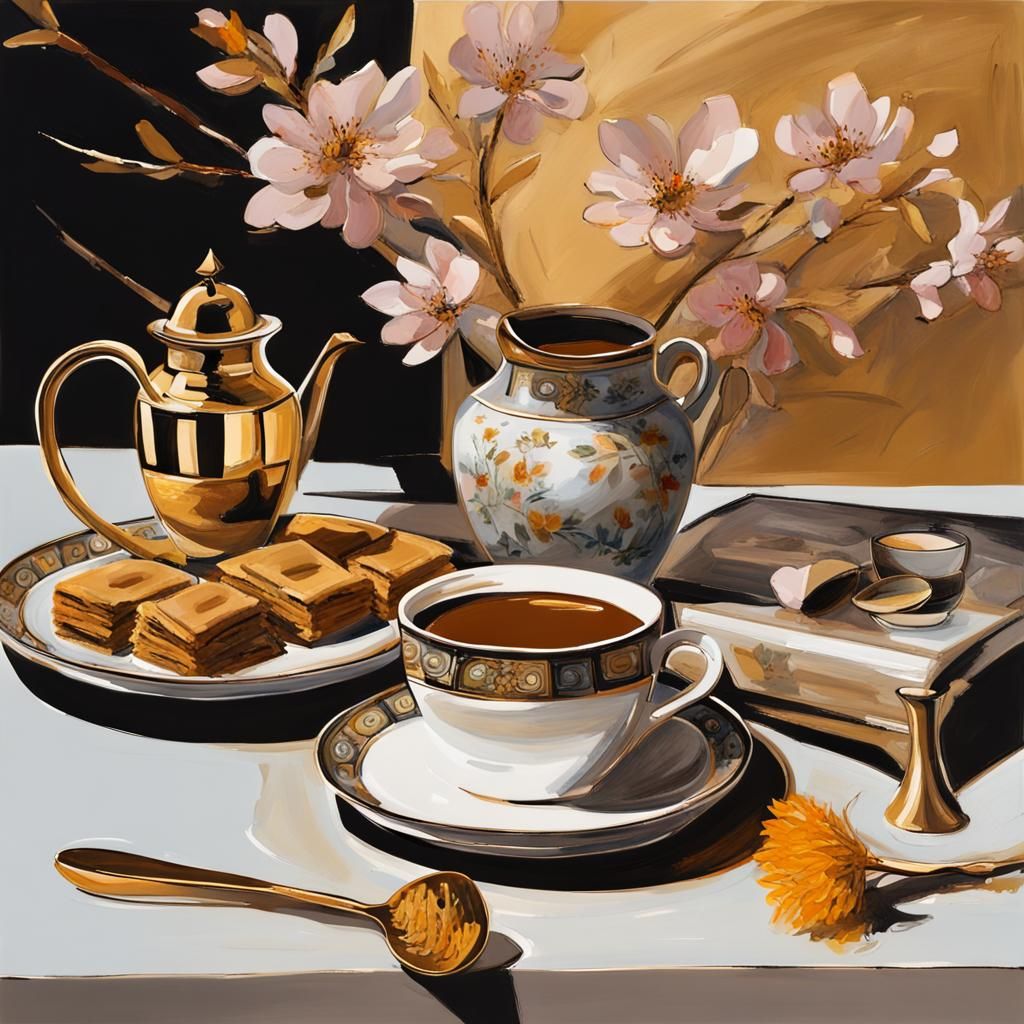 Oriental Coffee Still Life in Abstract Style