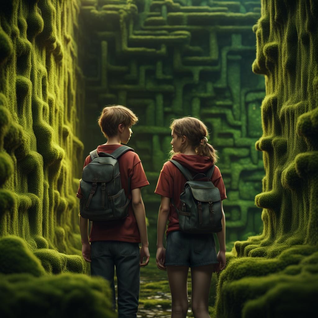 Teenagers and Mossy Maze in Detailed Matte Painting