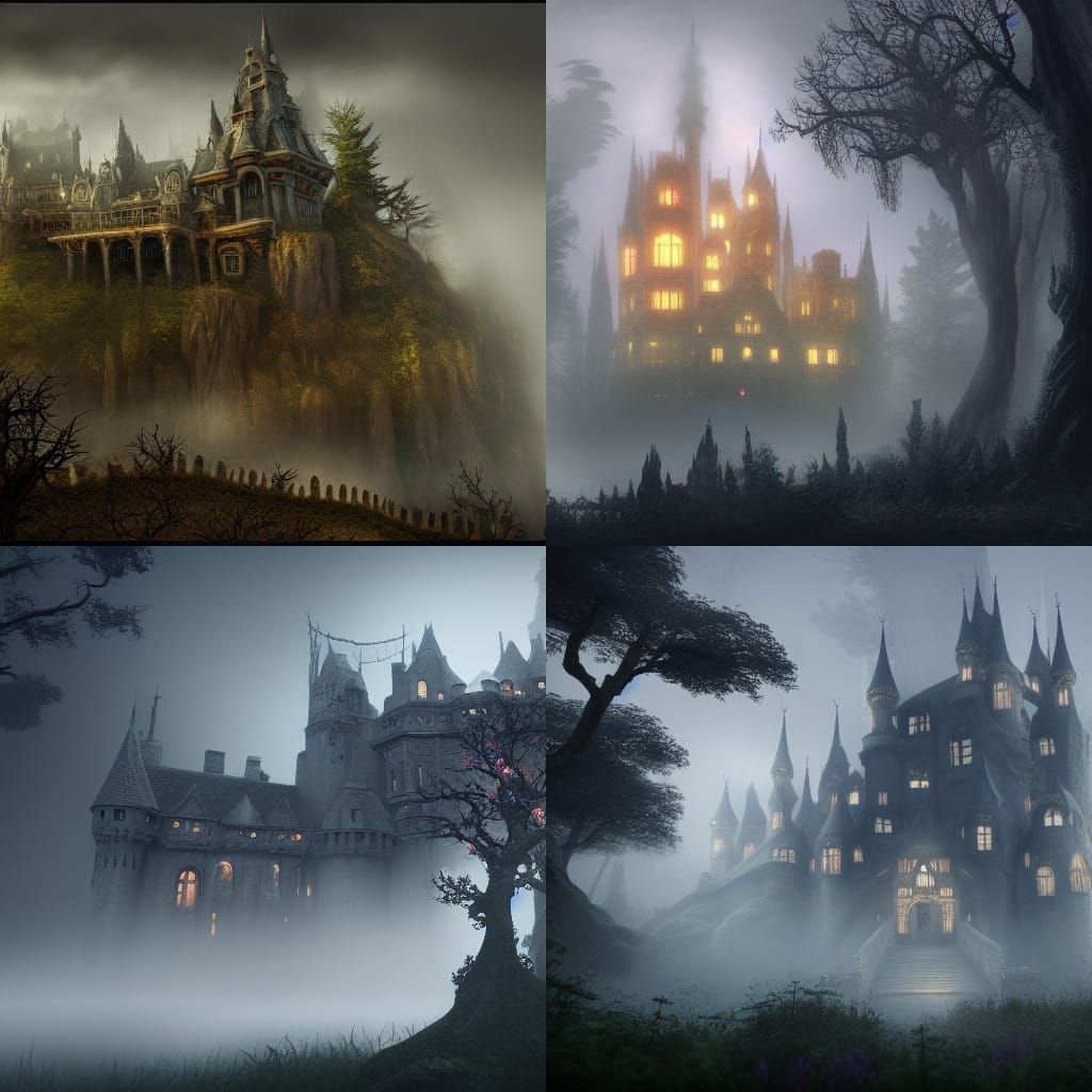 Fog-Shrouded Castle with Gnarled Trees, Detailed Matte Paint...