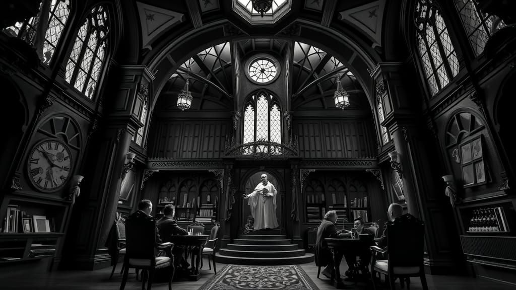 Gothic Castle in 1920s Movie Style, Black and White