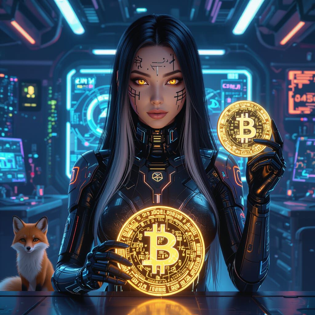 Futuristic Woman with NFT Coin in Cyberpunk Lab