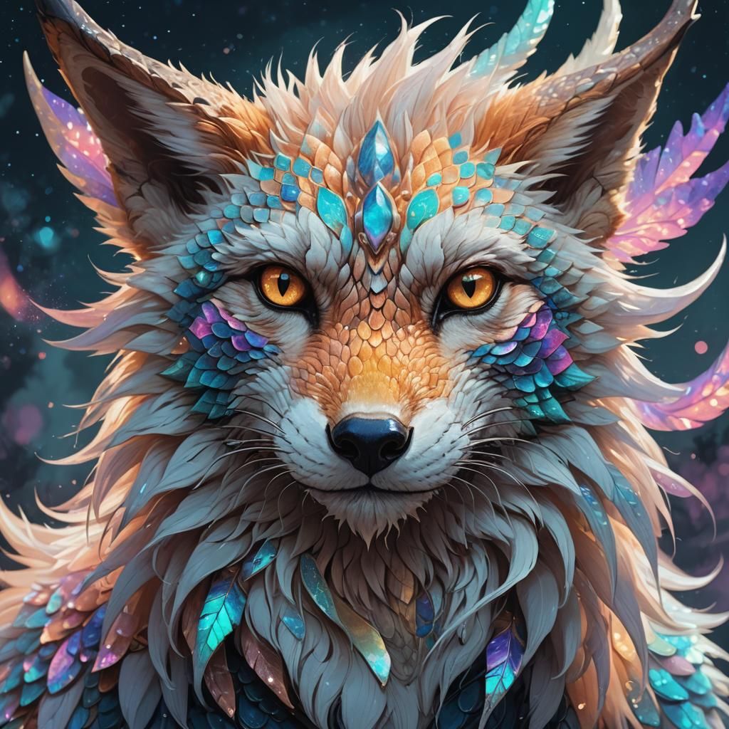 Iridescent Moon Fox Dragon in Digital Painting Style