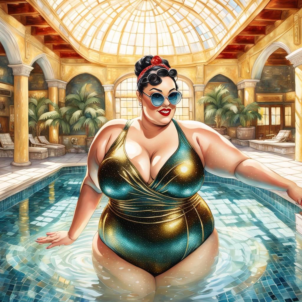 Joyful Pin-Up Girl Relaxing in Glittering Pool