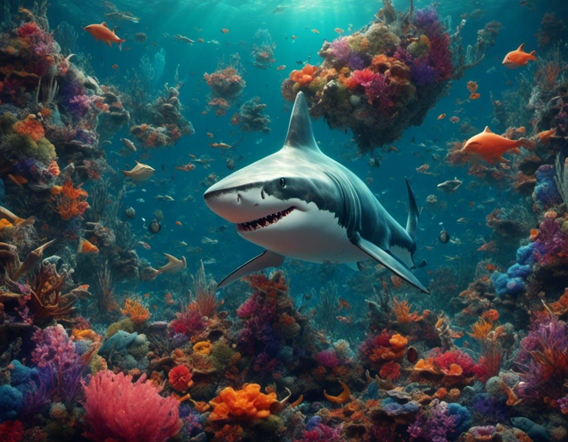 Cute Cartoon Shark in Coral Reef with ZBrush Style