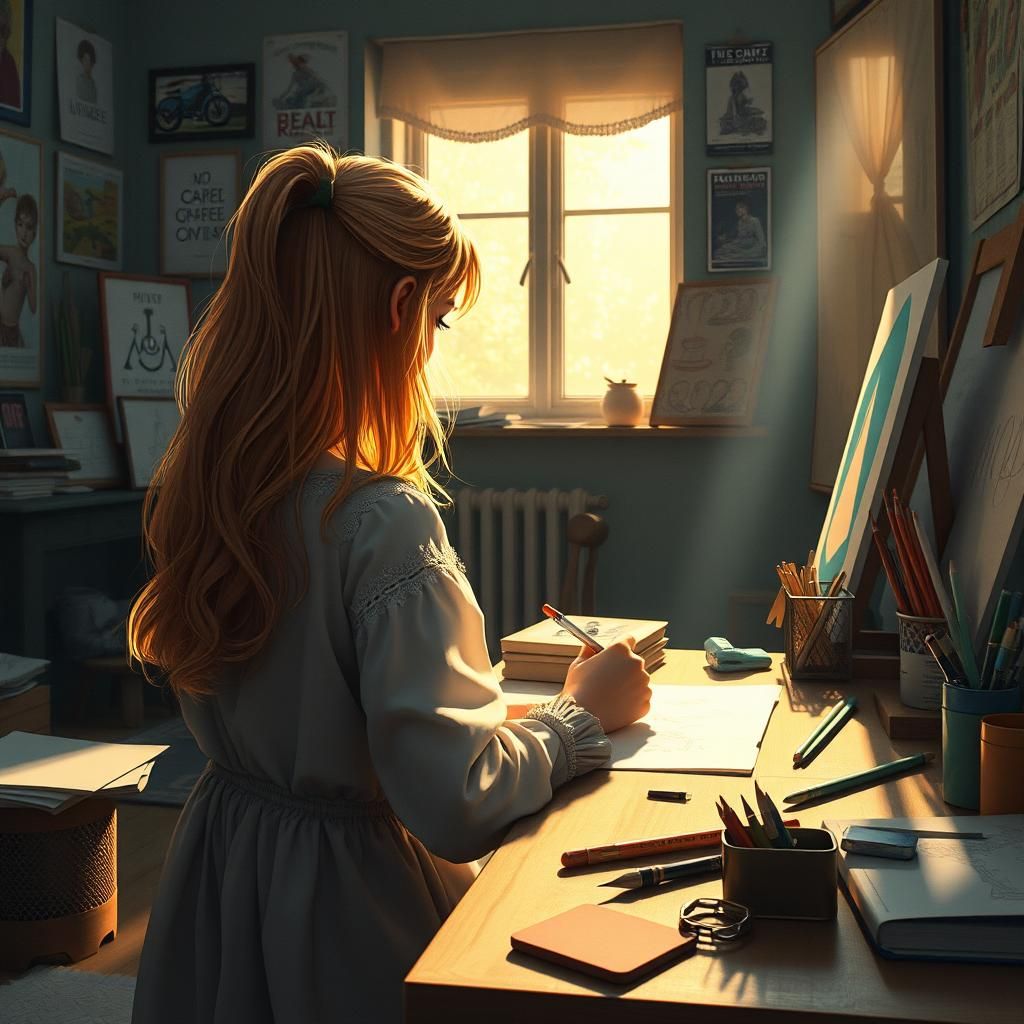 Girl Drawing in Cozy Room, Art Nouveau Style