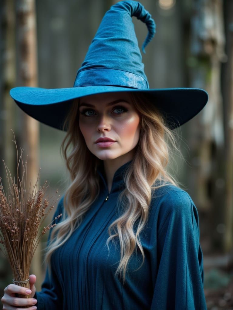 Beautiful Witch in Blue Hat with Broomstick