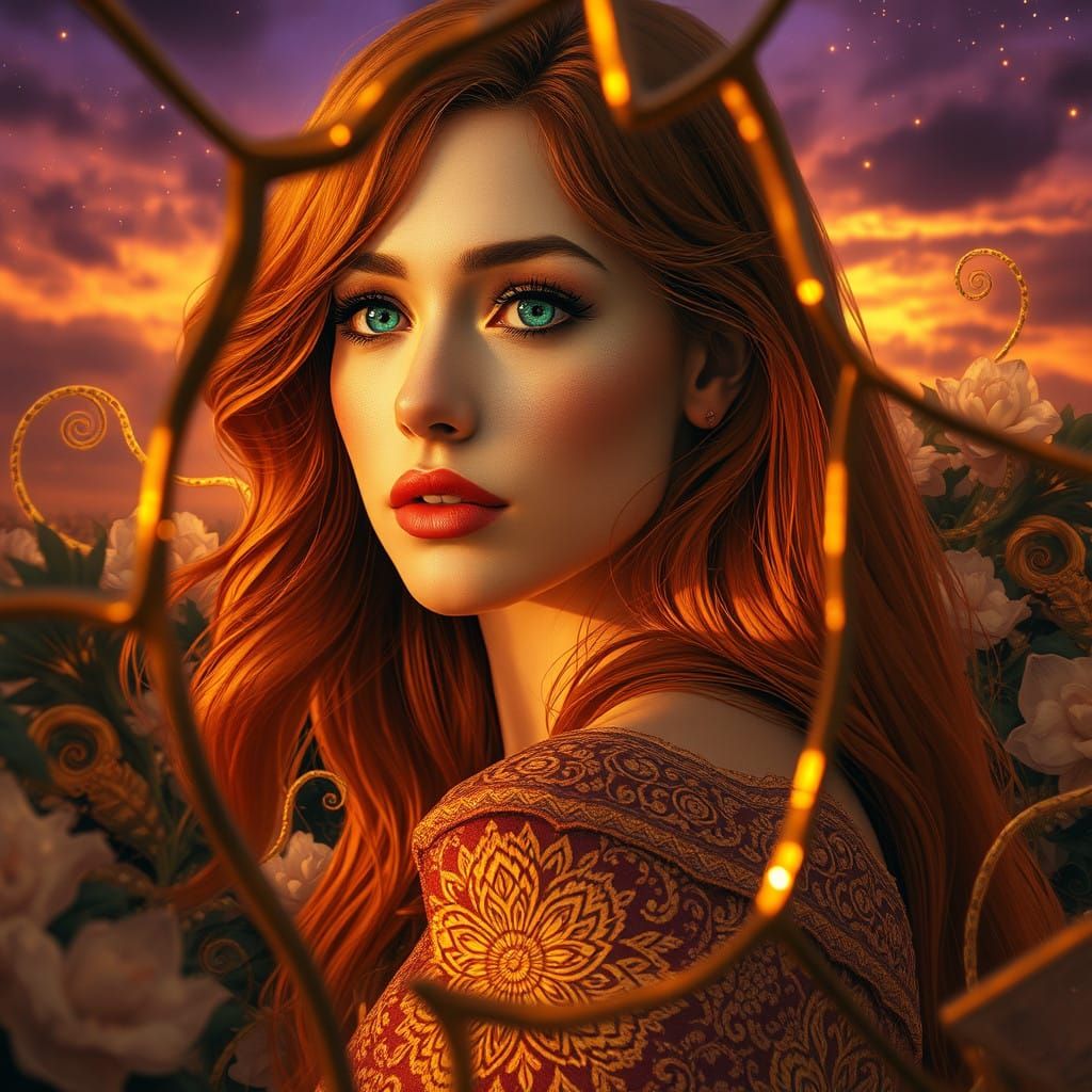 Surreal Woman in Art Nouveau Fragments Shimmers in Golden-Ho...