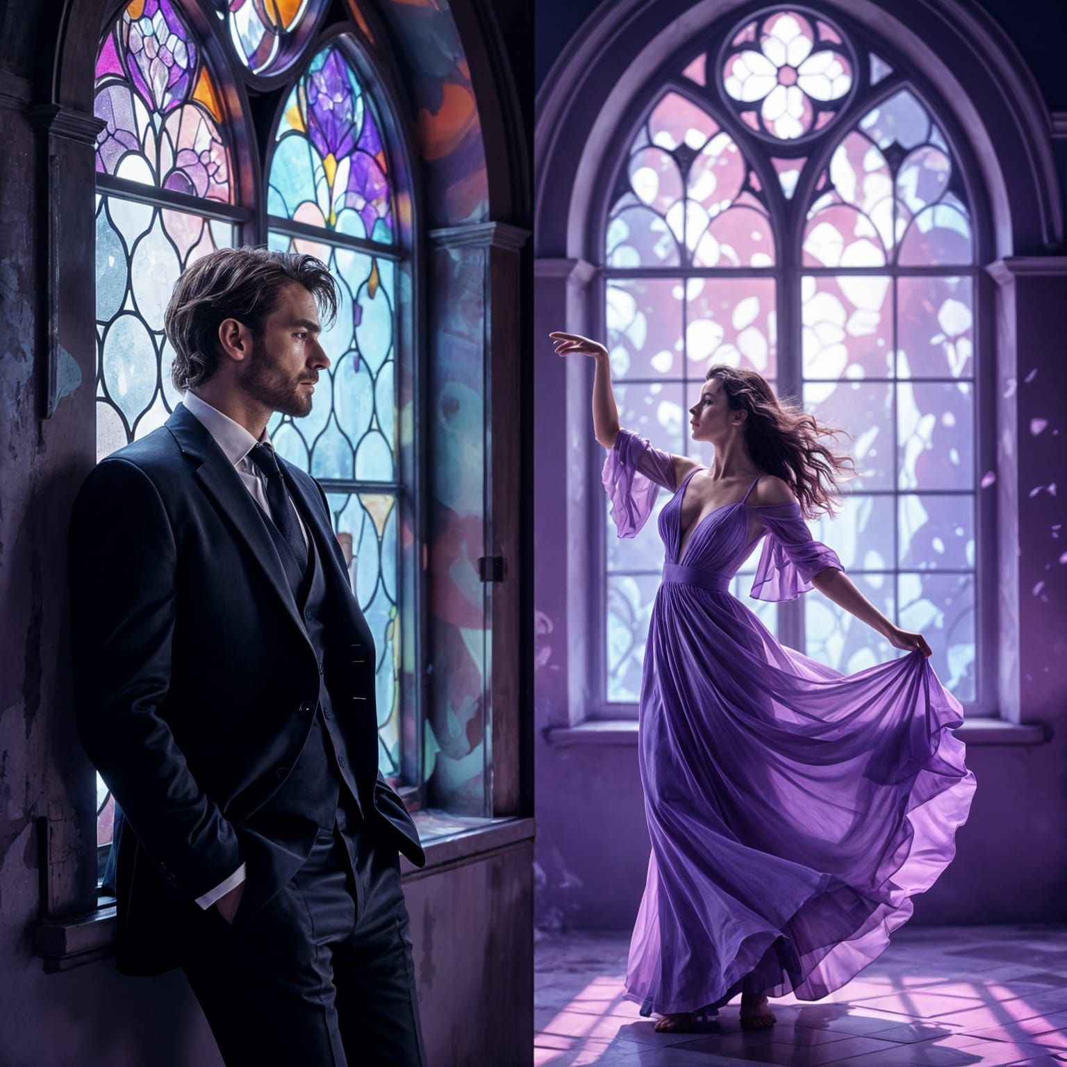 Stained Glass Split: Man Gazing, Woman Dancing