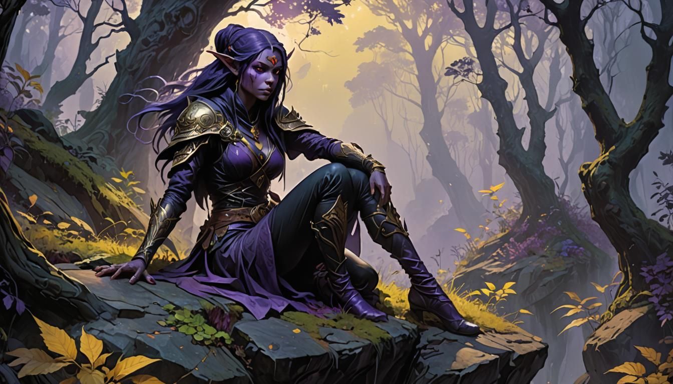 Dark Elf Assassin in Misty Forest, Art Nouveau Style