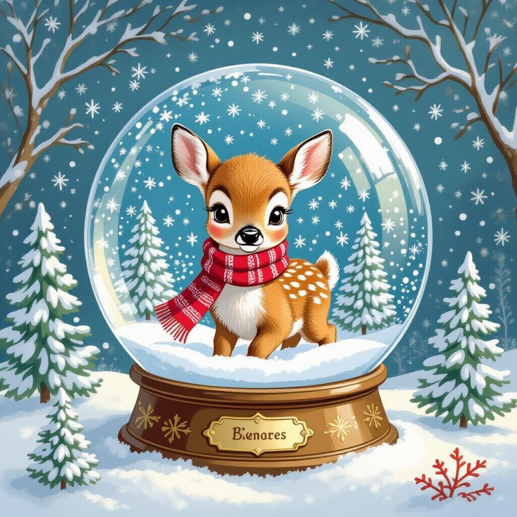Baby Deer in Snow Globe, Whimsical Illustration
