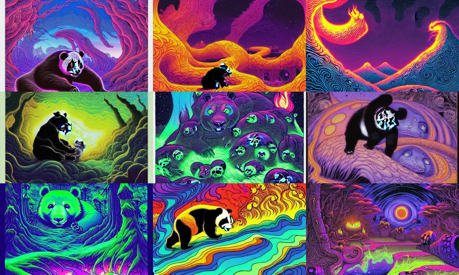 Beautiful epic blacklight panda night fire, detailed bold illustration, by Dan Mumford, by Cyril Rolando, by Shawn Coss,...