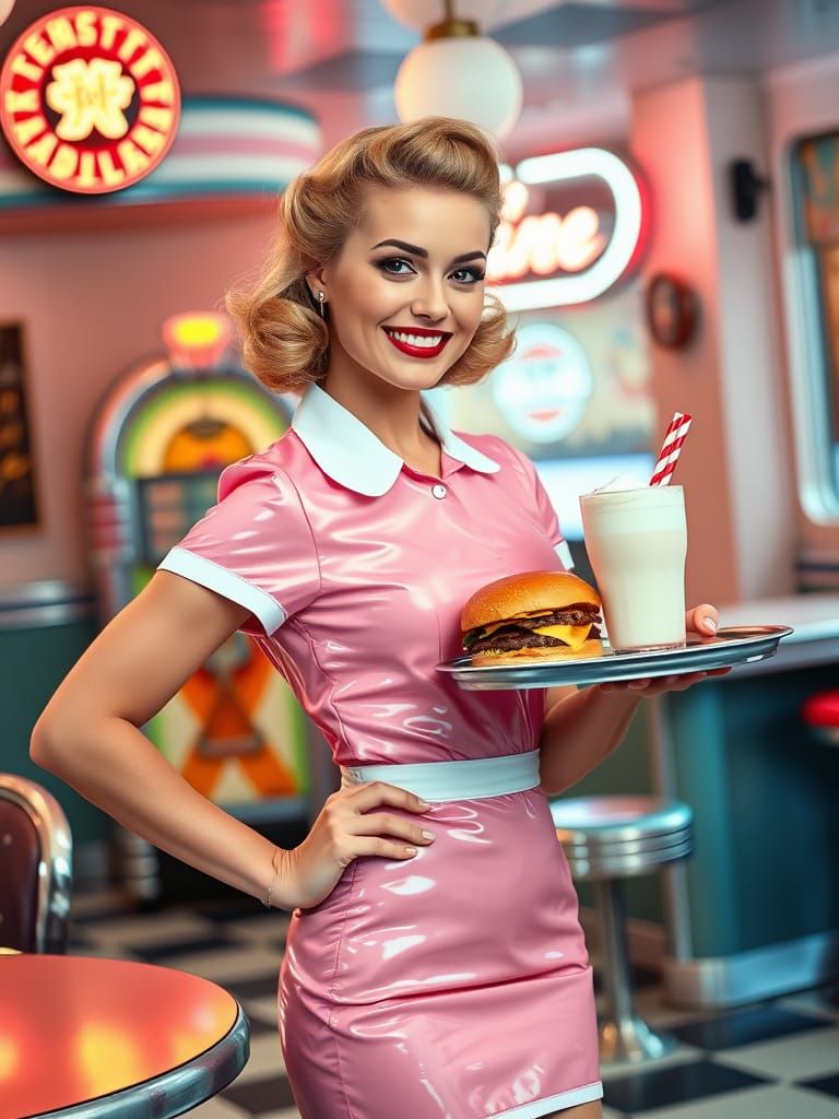 1950s Diner Waitress Pin-Up Style with Burger