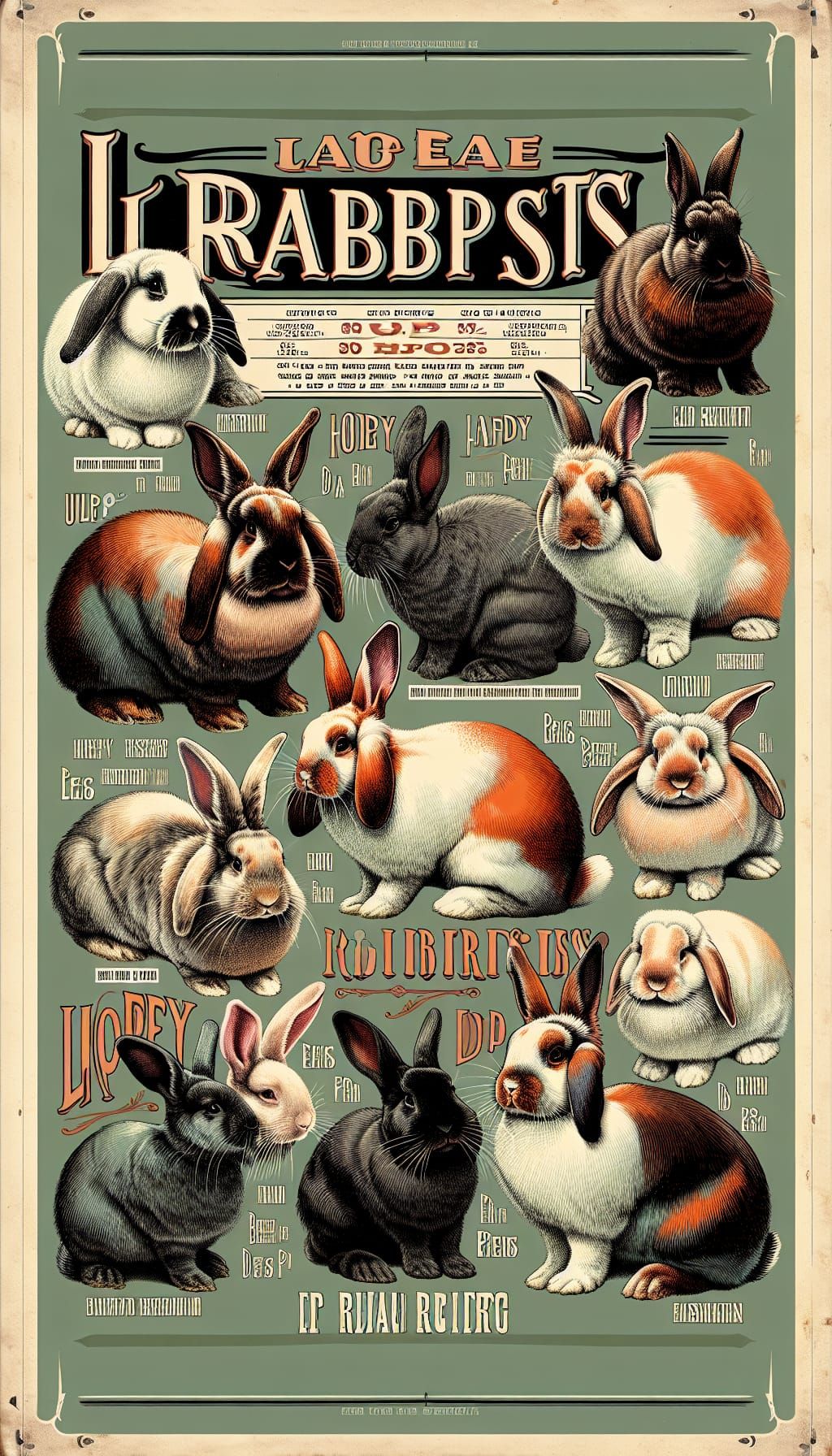 Vintage lop-eared rabbit breeds poster