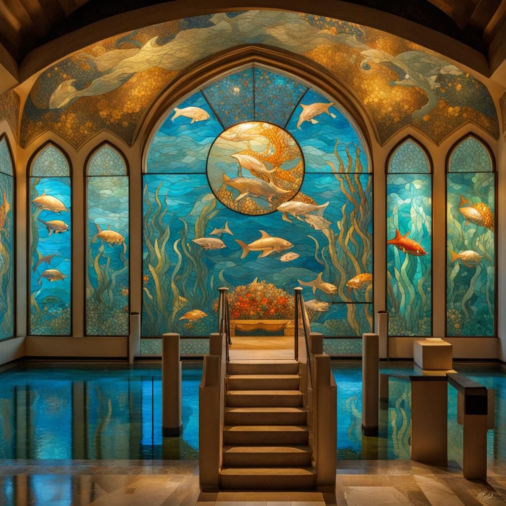 Stained glass mosaic art, underwater Islamic palace, vibrant marine courtyards, mosaic dolphins and fish, intricate hype...