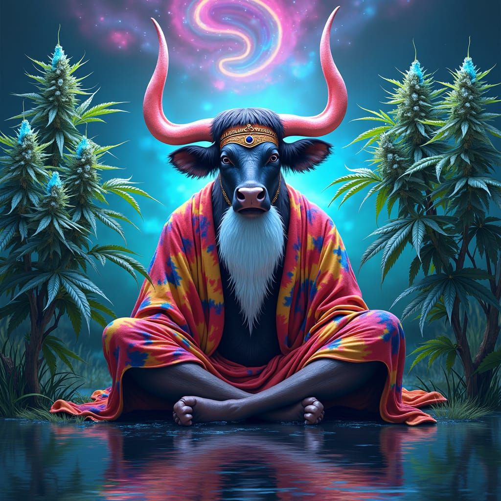 Psychedelic Bull in Marsh with Cannabis Plants