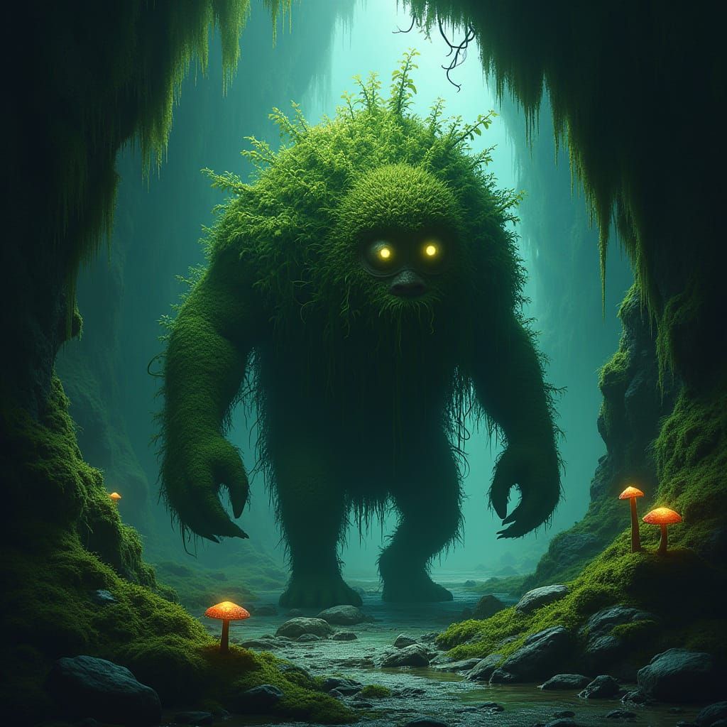 Shambling Mound in Dimly Lit Cave, Dark Fantasy Concept Art