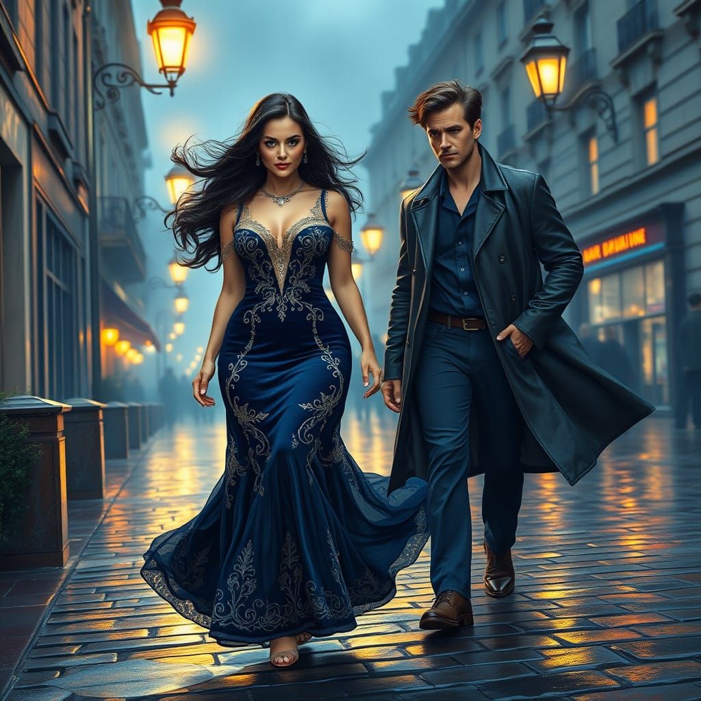 Elegant Woman Enters City Lights in Deep Blue Velvet Gown