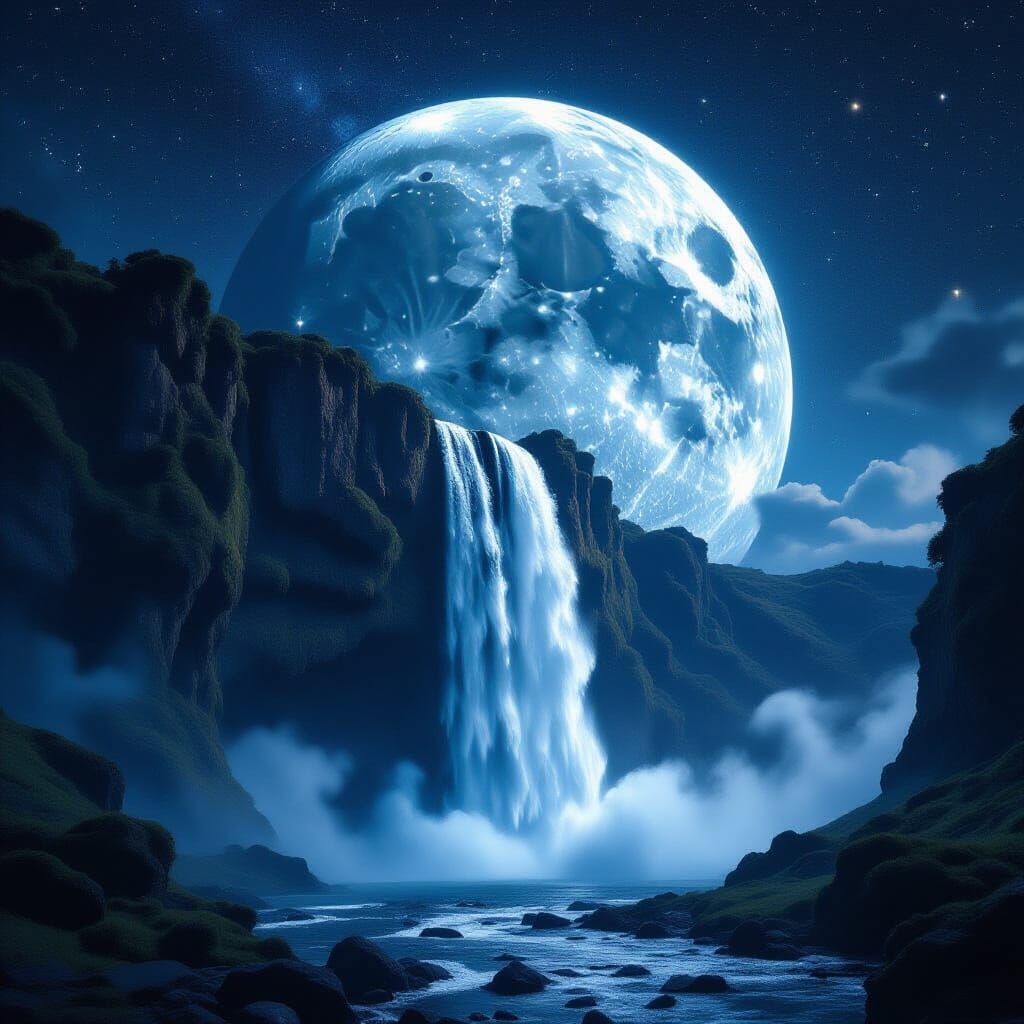 Epic Waterfall Cascades on Moon in Starry Universe