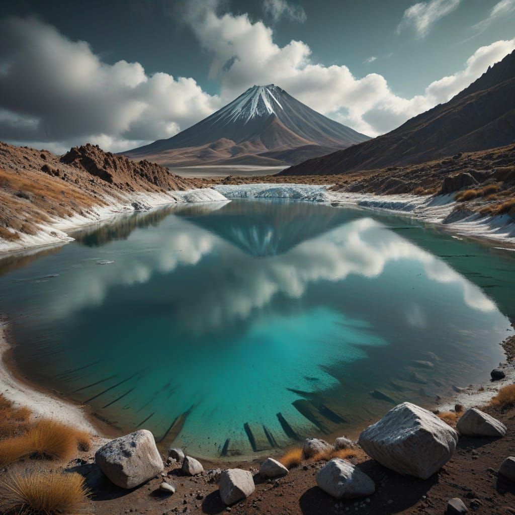 Bolivian Salt Lake with Volcano in Charcoal Drawing Style