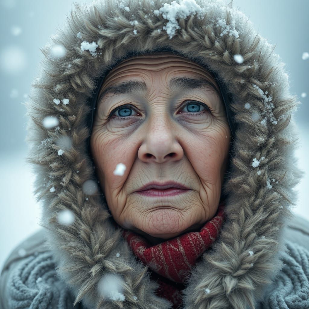 Fierce Eskimo Woman Portrait in Arctic Storm