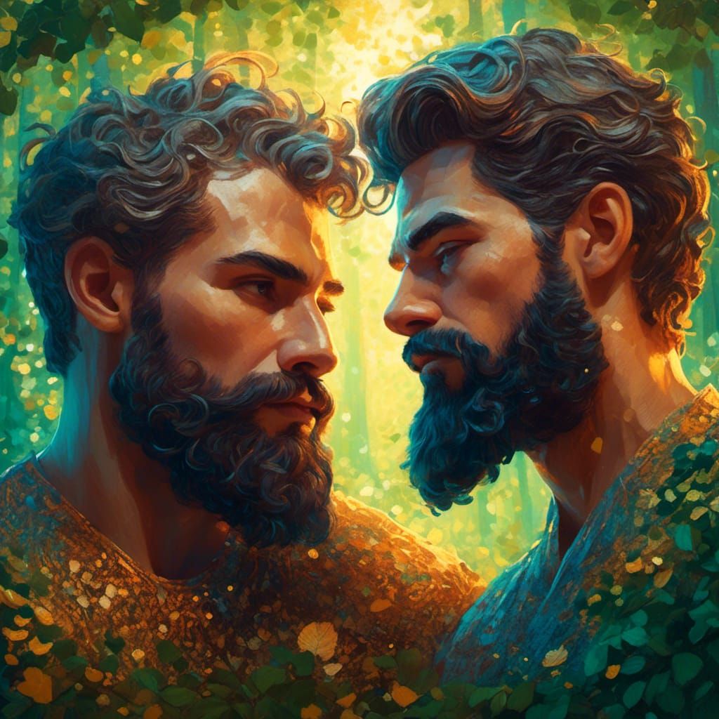 <lora:Kyoot:1.0> two handsome muscular hairy men in the styl...