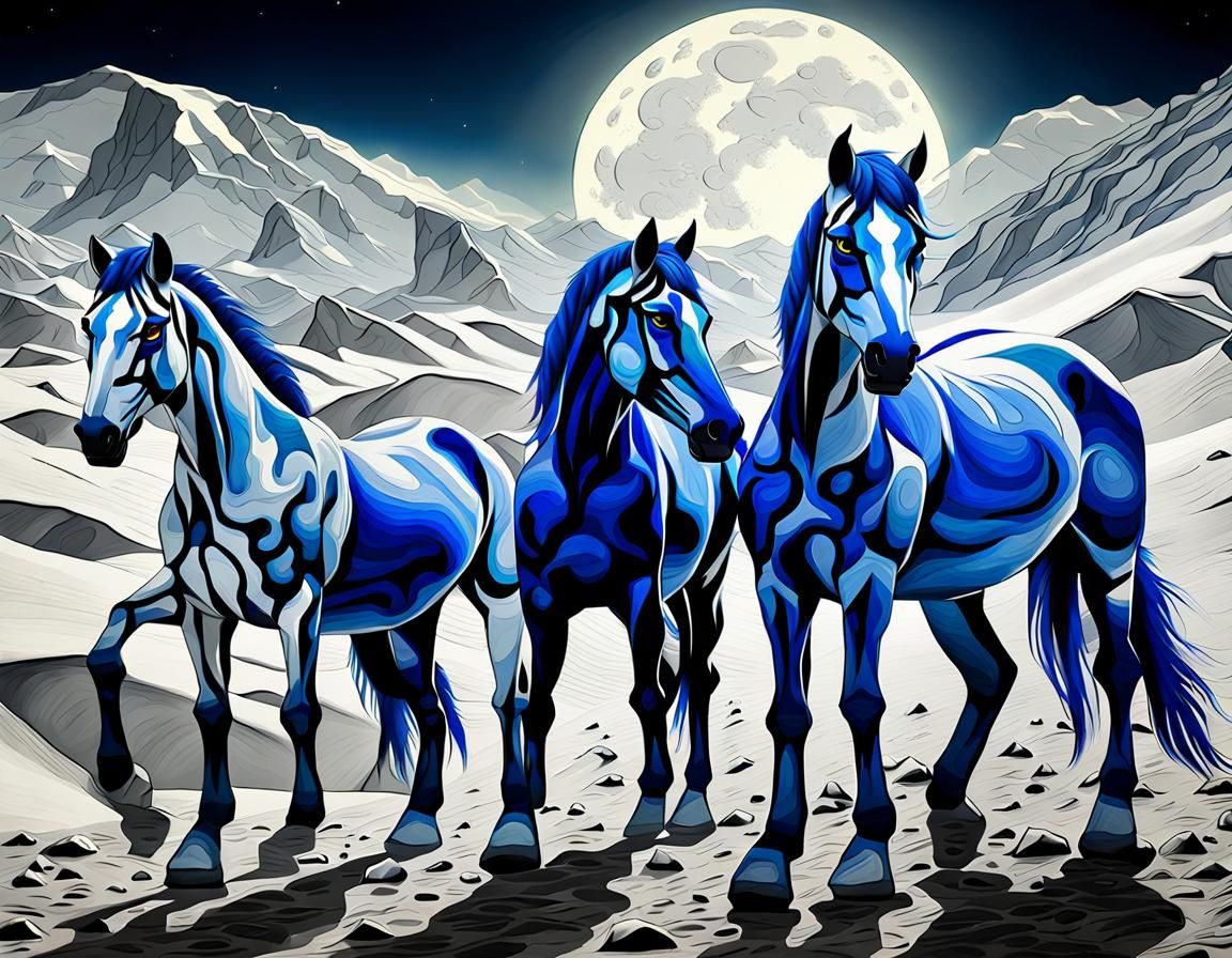 Blue Horses on the Moon in Expressionist Style