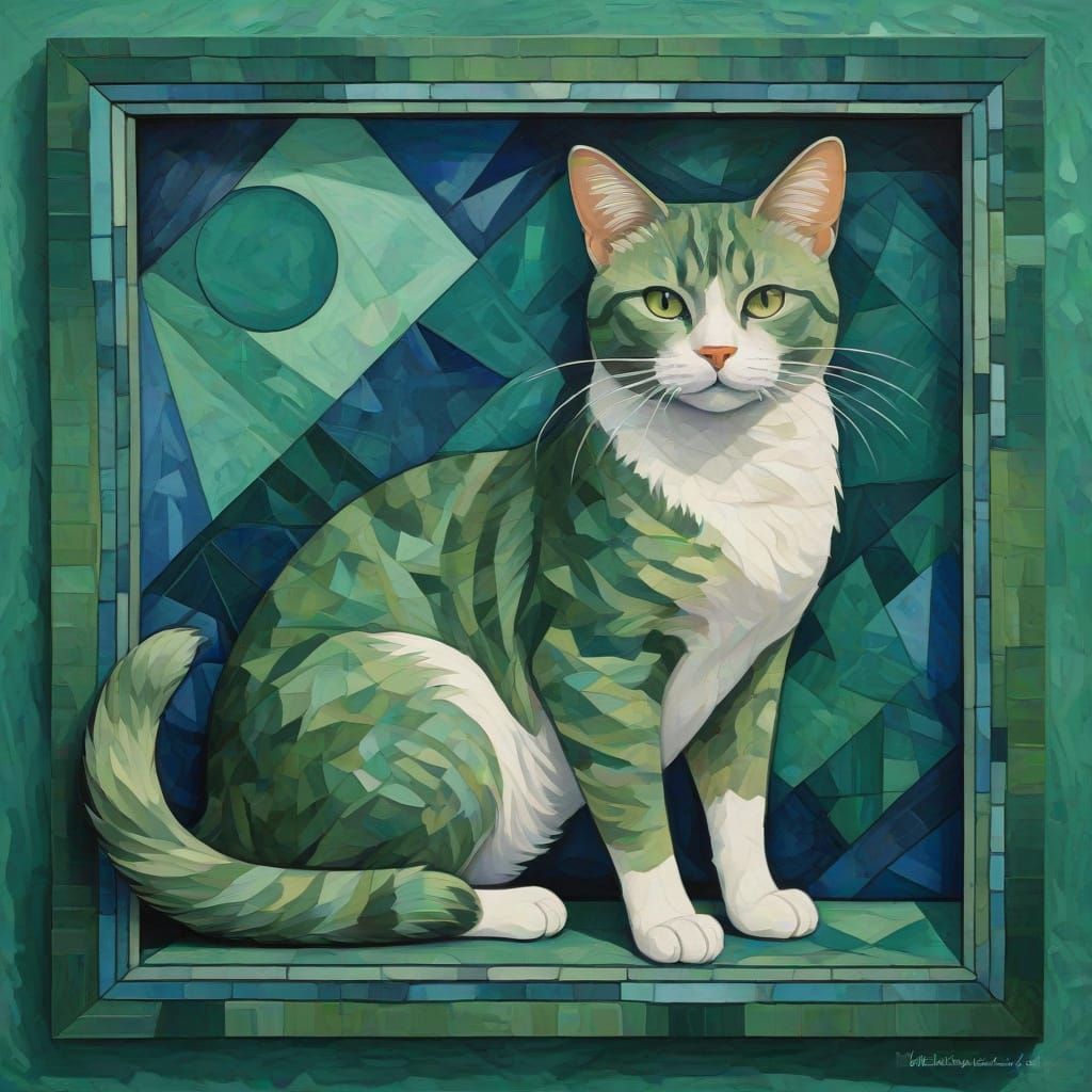 Art Nouveau Cat in Geometric Frame - Gouache Painting