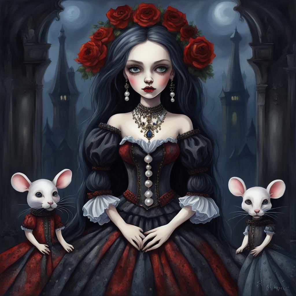 Gothic Doll in Dress with Pearl Necklace