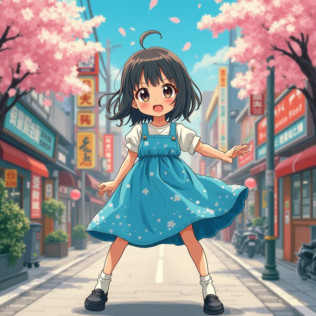 Anime-Inspired Girl Surrounded by Vibrant Japanese Cityscape