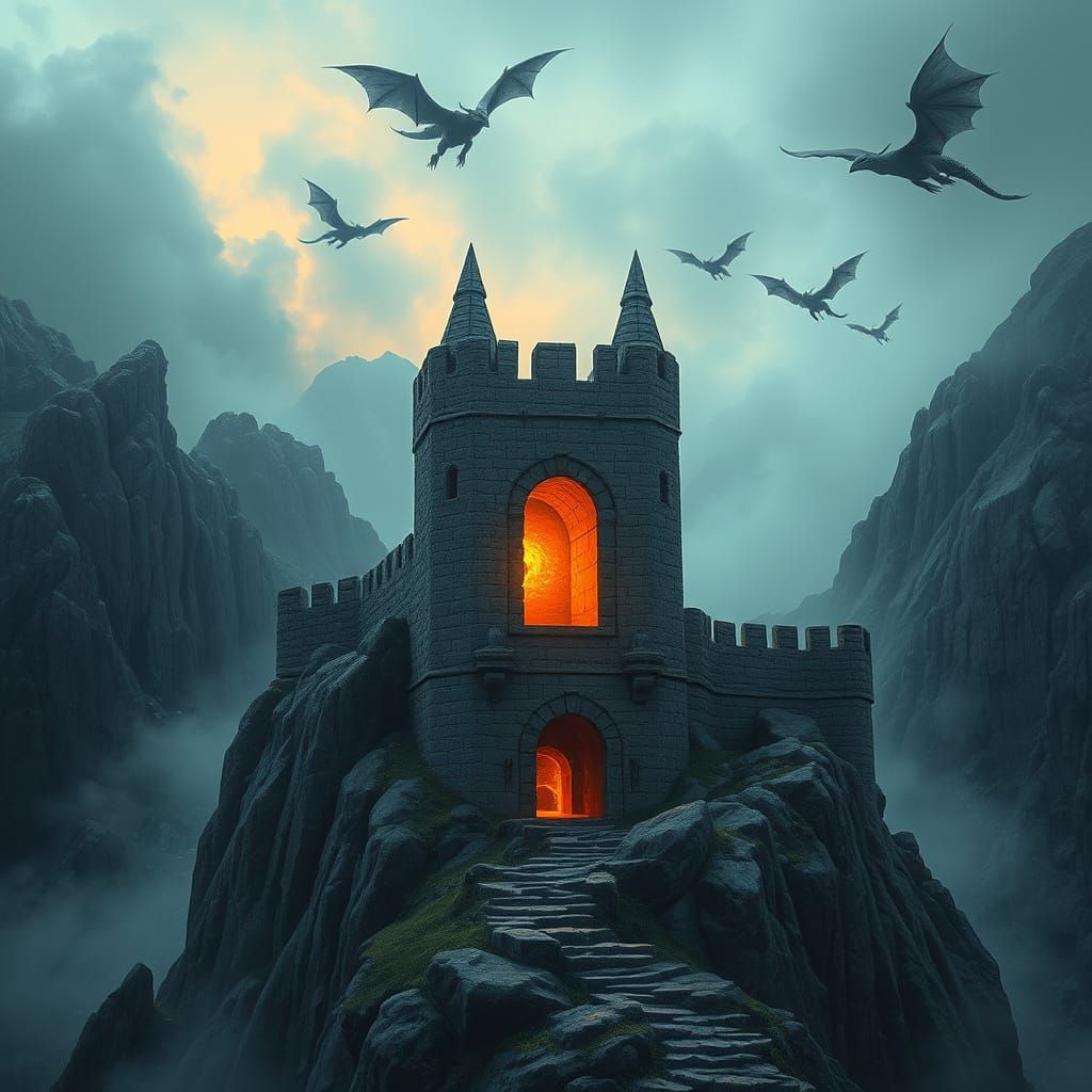 Mystical Stone Fortress in the Mountains with Fiery Beacon a...