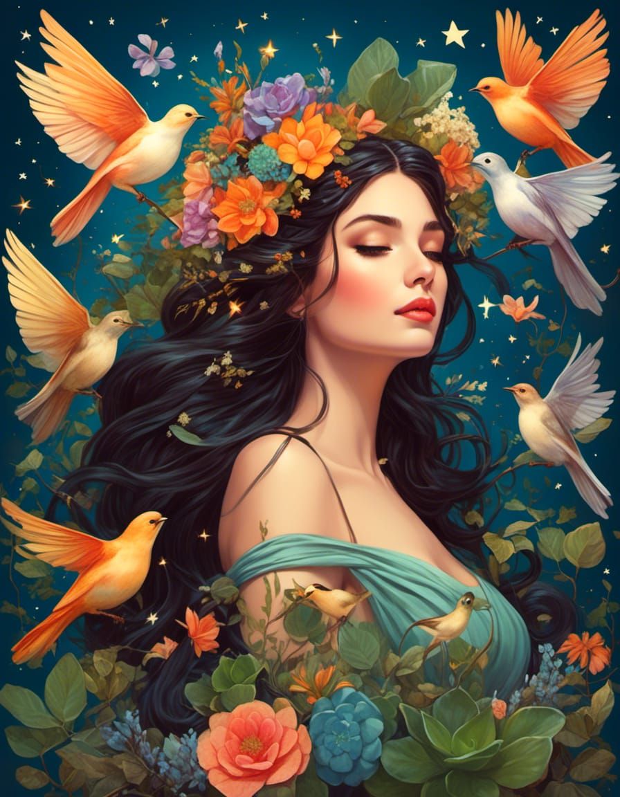 Colorful Fairy Persephone with Animal Friends